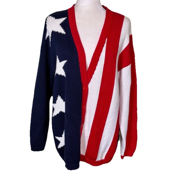 Vintage 90s Sweater Women American Flag USA Stars Patriotic Cardigan Chunky Sz L - Picture 1 of 7